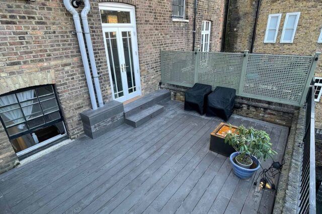 Custom fabricated Millboard composite decking steps built by our London roofing contractors to enhance residential property value and accessibility.