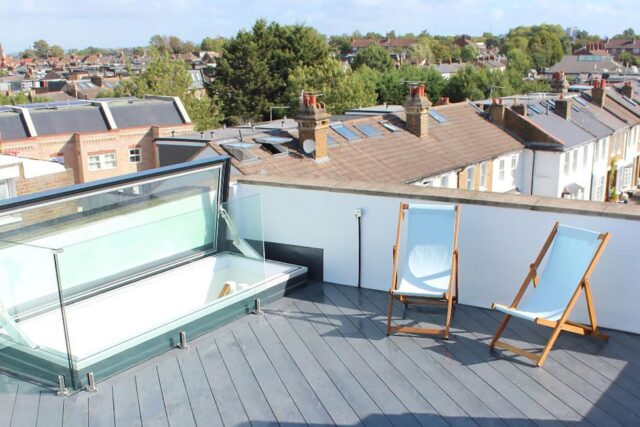 Flat roofer conversion roof terrace garden builders barnes london decking installers