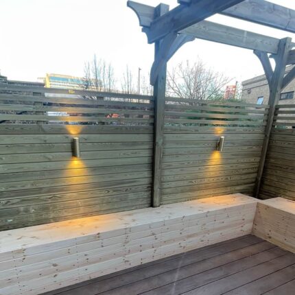 Bespoke built-in bench seating and contemporary perimeter fencing on a luxury London roof garden.