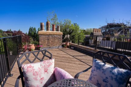 Luxury modern rooftop terrace overview by London Roof Gardens in Belsize Park.